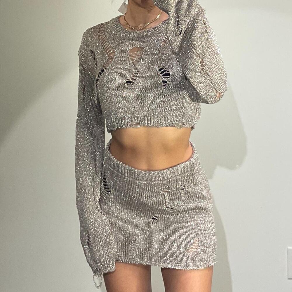 Silver Crop Top and Skirt Set